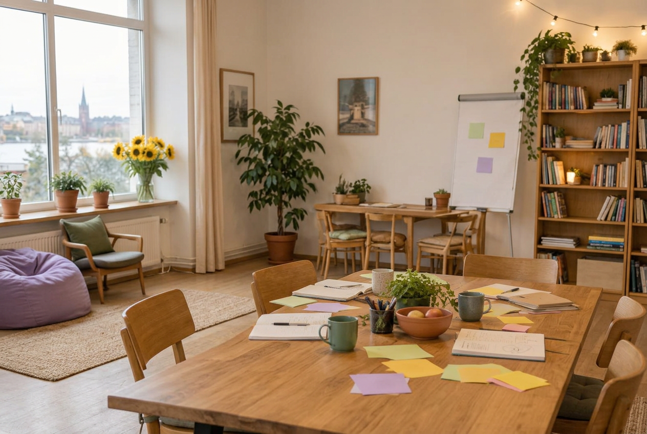Studijas telpa ar galdiem, krēsliem un augiem